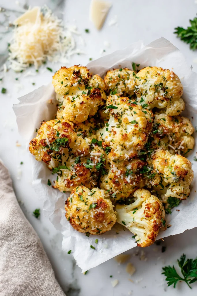 Crispy Parmesan Roasted Cauliflower 1 A platter of Crispy Parmesan Roasted Cauliflower, golden with cheese and fresh herbs, on a marble background.