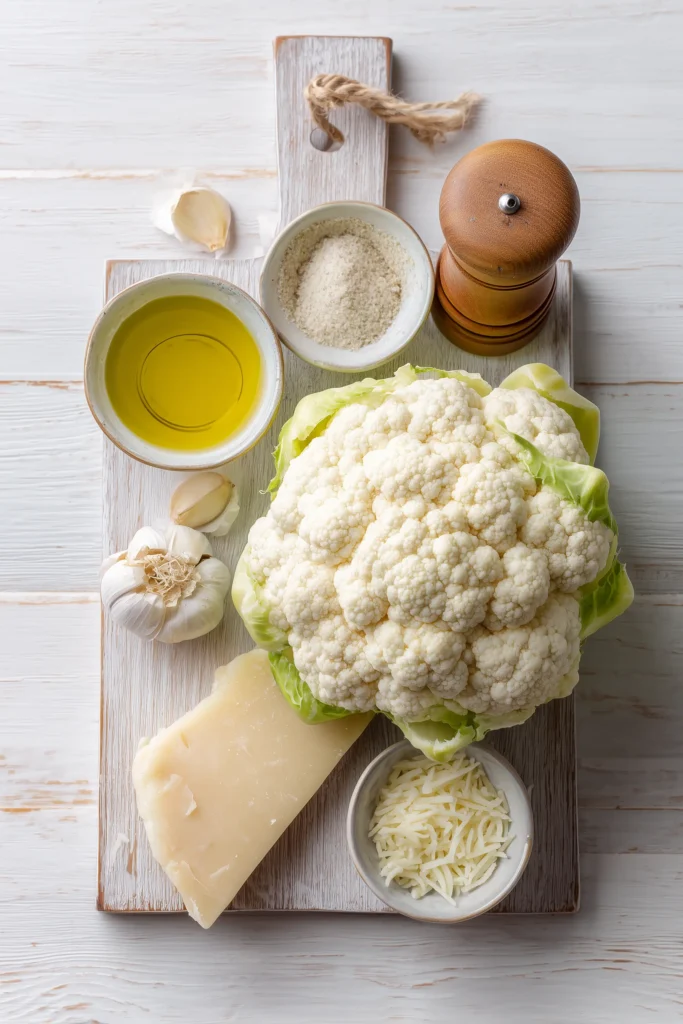 Crispy Parmesan Roasted Cauliflower 2 Ingredients for Crispy Parmesan Roasted Cauliflower neatly arranged on a pale wood board.