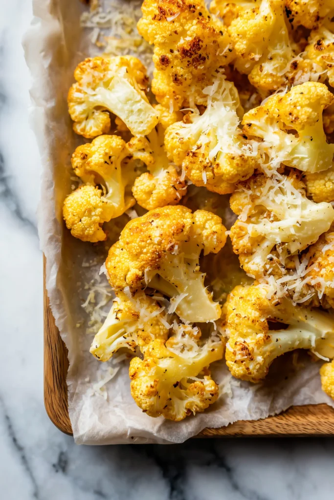 Crispy Parmesan Roasted Cauliflower 3 Cauliflower florets with parmesan and olive oil on a parchment-lined pan for Crispy Parmesan Roasted Cauliflower.