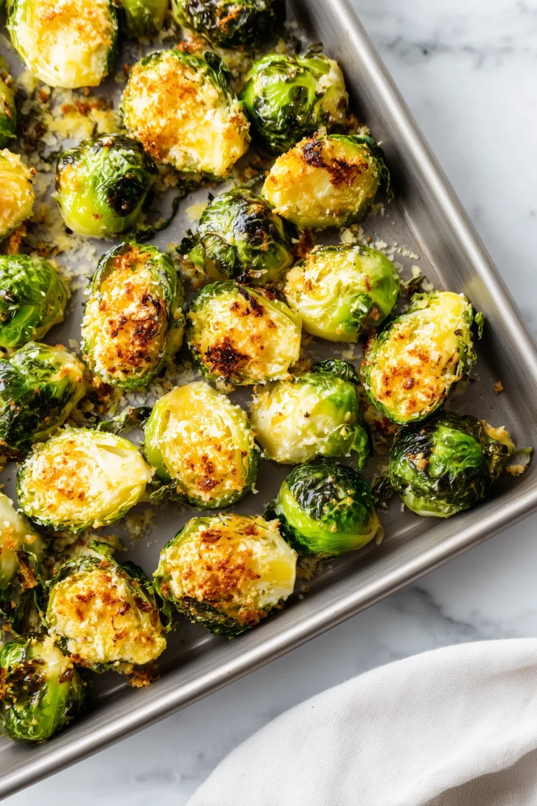 A tray of Crispy Smashed Brussels Sprouts with golden edges and tender centers sits on a bright marble surface.