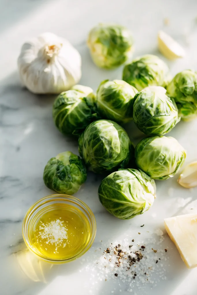 Ingredients for Crispy Smashed Brussels Sprouts, including fresh brussels sprouts, olive oil, garlic, parmesan, and spices on a marble background.