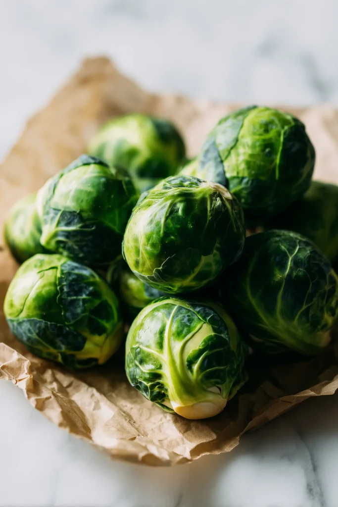 Brussels sprouts freshly smashed on parchment paper, rustic and ready for roasting to create Crispy Smashed Brussels Sprouts.