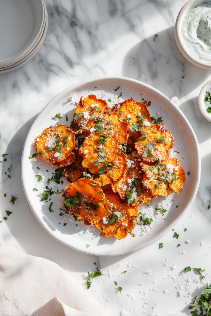 A plate of Crispy Smashed Carrots with golden, crispy edges and flecks of Parmesan and parsley on a marble surface.
