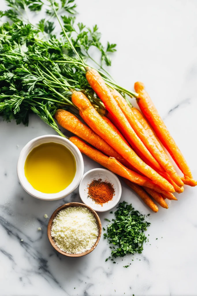 Simple ingredients including carrots, olive oil, Parmesan, and spices laid out on a marble background for Crispy Smashed Carrots.