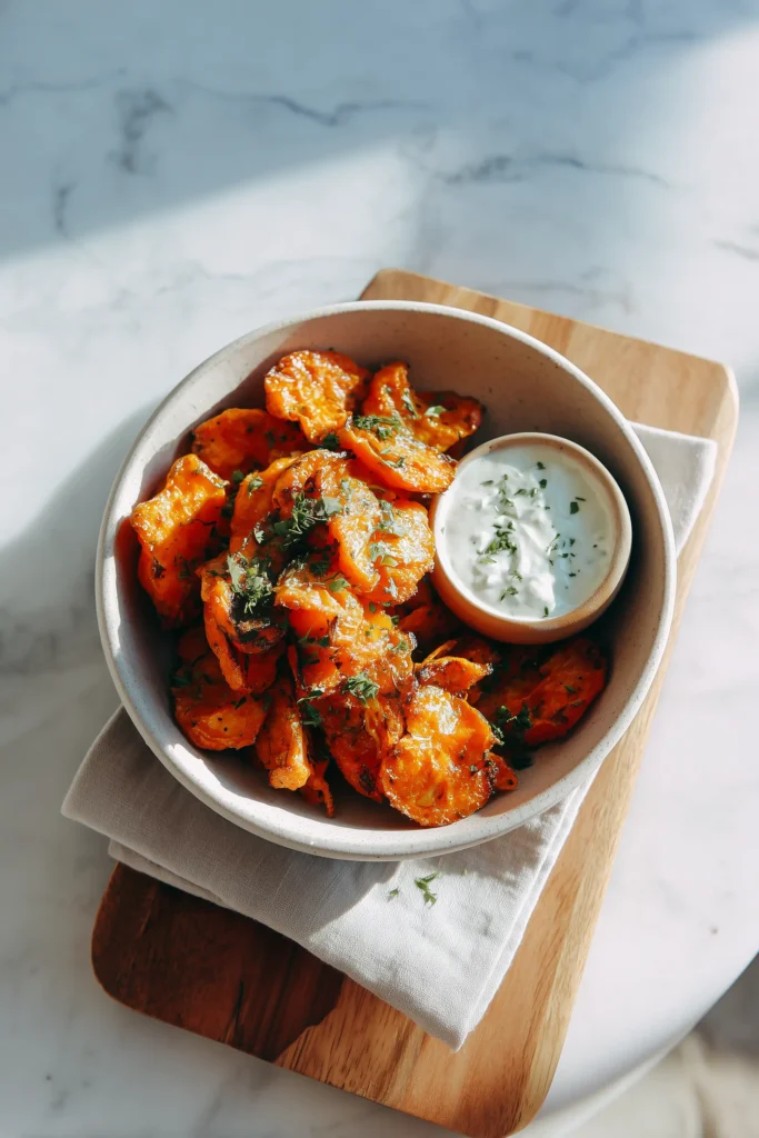 A bowl of Crispy Smashed Carrots with a creamy herb dip on a wooden board, looking warm and inviting.