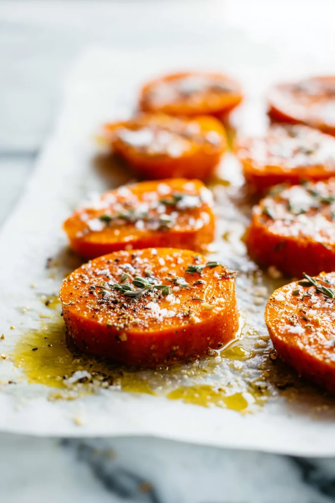 Carrots smashed and arranged on a baking sheet, seasoned and ready to oven-roast for Crispy Smashed Carrots.