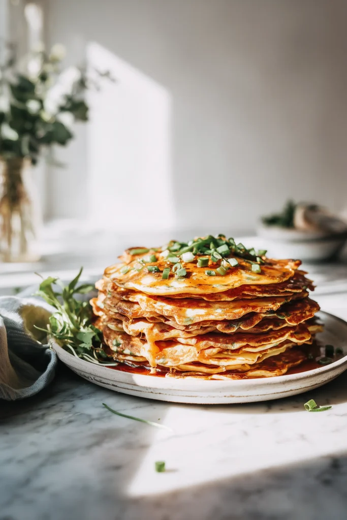 Platter of Dinner Pancakes with Chilli Butter stacked with melting butter, served with greens on a bright background.