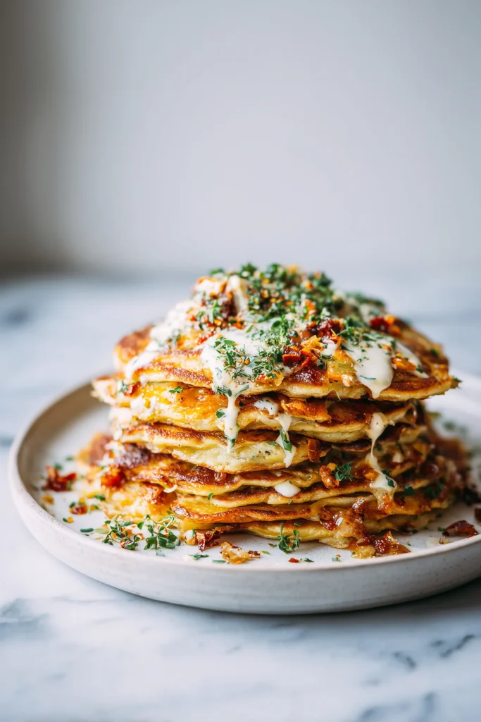 A stack of Dinner Pancakes with Chilli Butter, flecked with cheese and chorizo, with melting chilli butter on top on a bright plate.