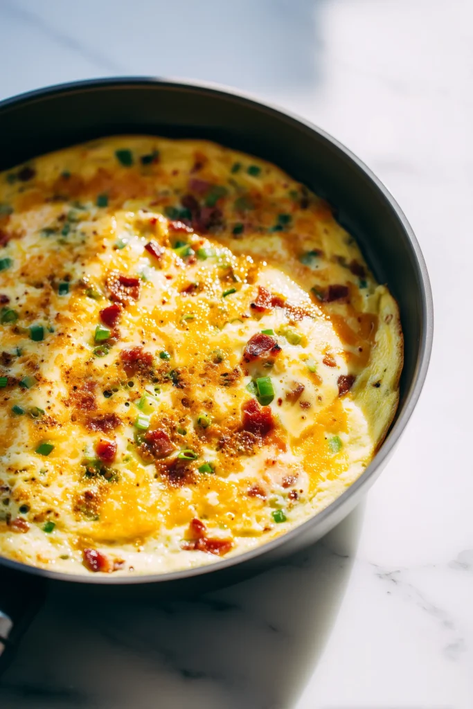 Savory pancakes with cheese and chorizo cooking in a skillet for Dinner Pancakes with Chilli Butter.