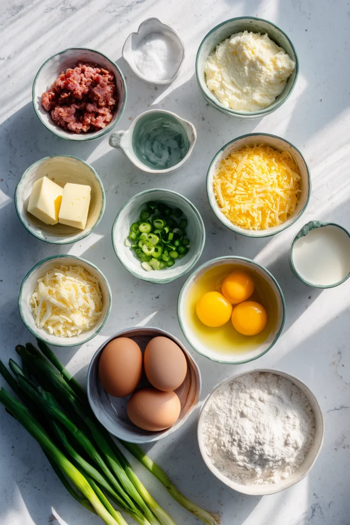 Overhead of ingredients for Dinner Pancakes with Chilli Butter, including flour, eggs, chorizo, cheese, and scallions, on a marble background.