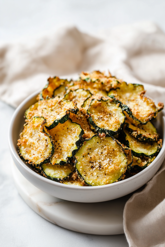 Golden low carb baked zucchini chips in a bowl on a white marble surface.