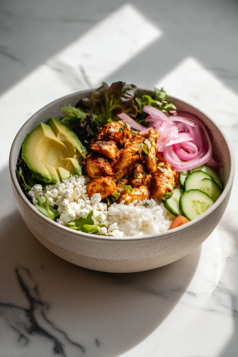 A large bowl with Cava Honey Harissa Chicken Bowls featuring chicken, rice, avocado, greens, and tangy toppings.