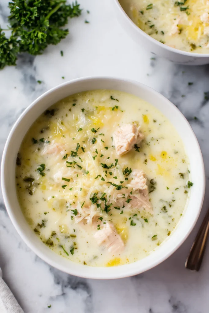 A bowl of Garlic Parmesan Chicken Soup with tender chicken, creamy broth, and Parmesan, garnished with parsley on a marble surface.
