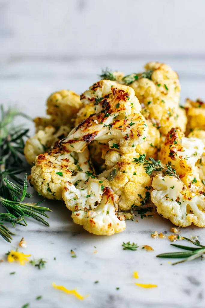Golden Garlic Roasted Cauliflower florets with crisp edges, herbs, and lemon zest on a marble background.