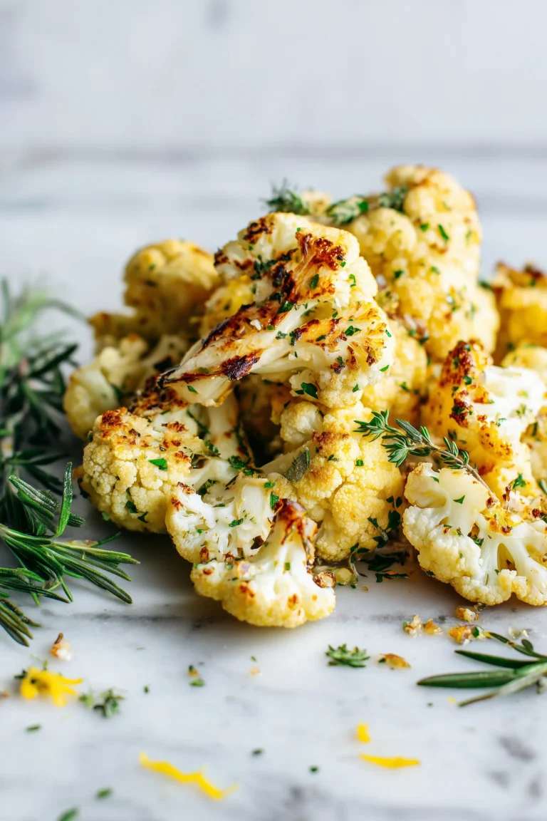 Golden Garlic Roasted Cauliflower florets with crisp edges, herbs, and lemon zest on a marble background.