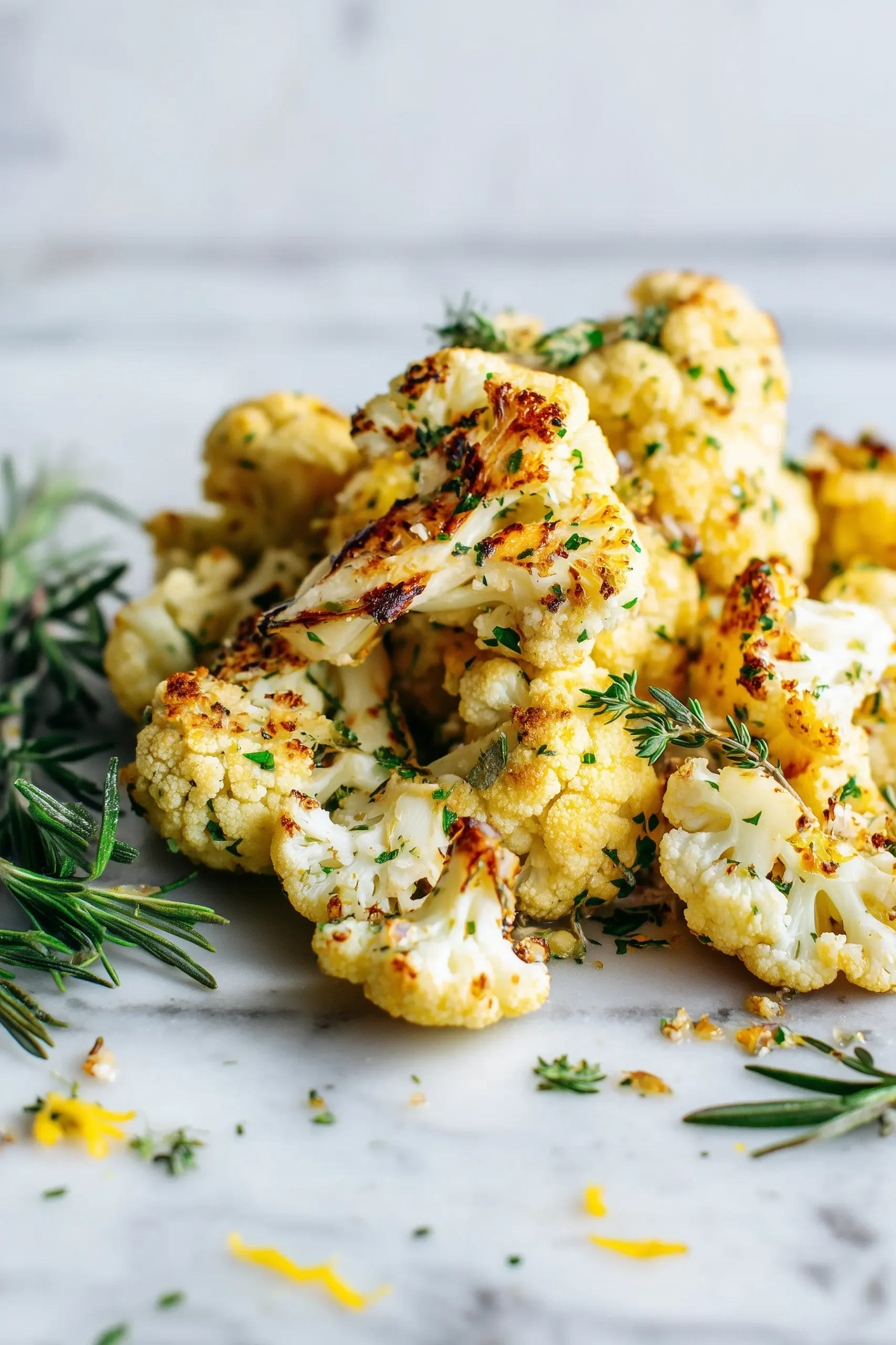 Golden Garlic Roasted Cauliflower florets with crisp edges, herbs, and lemon zest on a marble background.