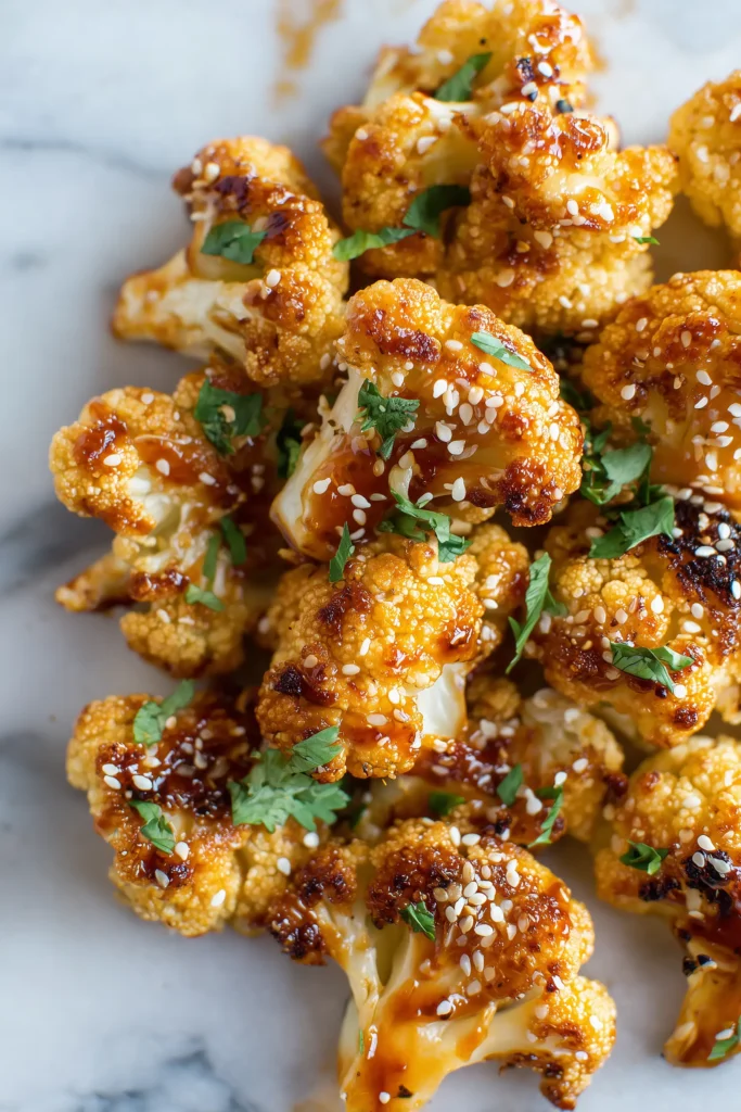 Maple Sriracha Cauliflower 1 A close-up shot of Maple Sriracha Cauliflower, featuring golden, crispy florets glazed in maple and Sriracha sauce.