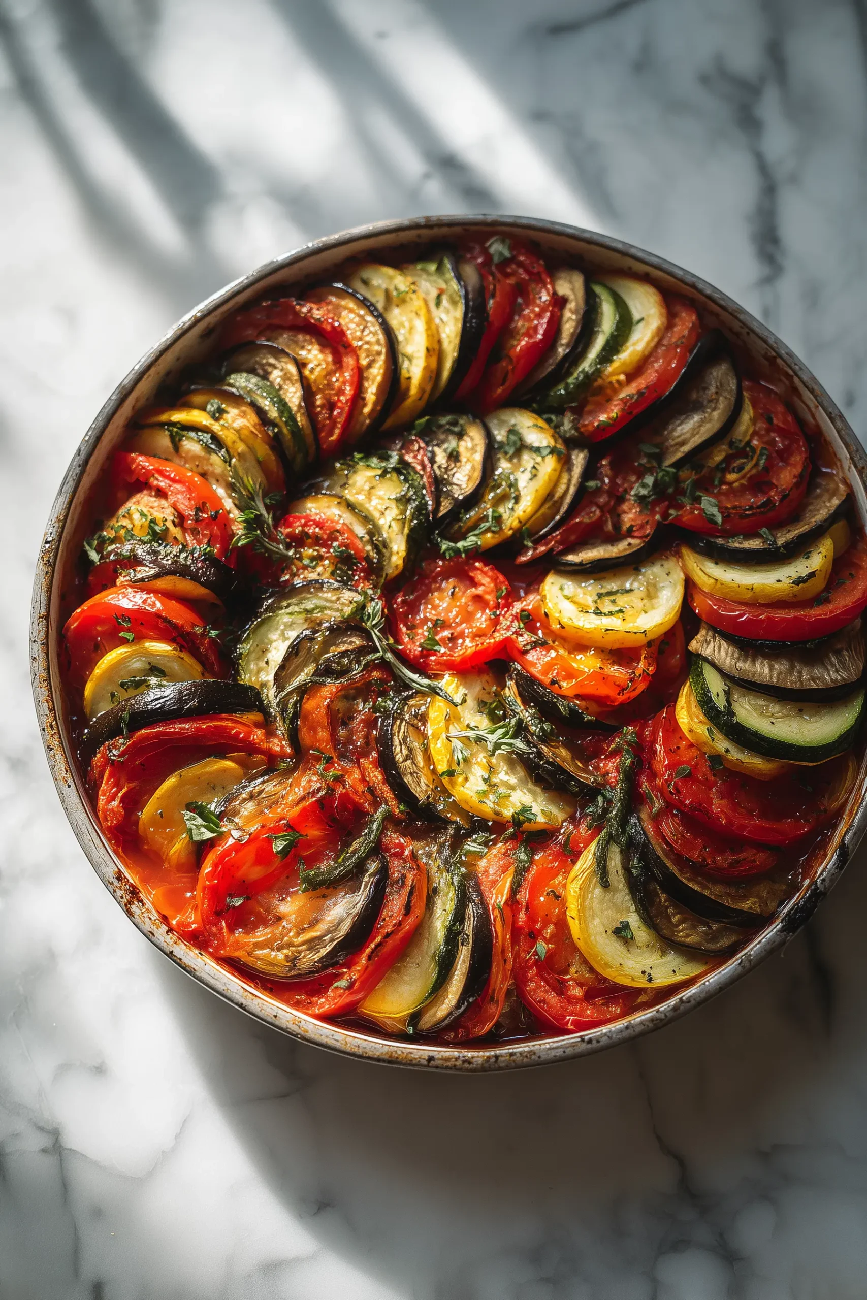 Overhead view of Homemade Classic French Ratatouille layered in a round white baking dish, showing caramelized edges and fresh herbs.