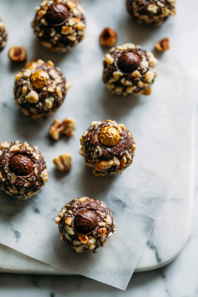 Chocolate-hazelnut cookie dough balls for Ferrero Rocher Cookies rolled in hazelnuts on a lined baking sheet.