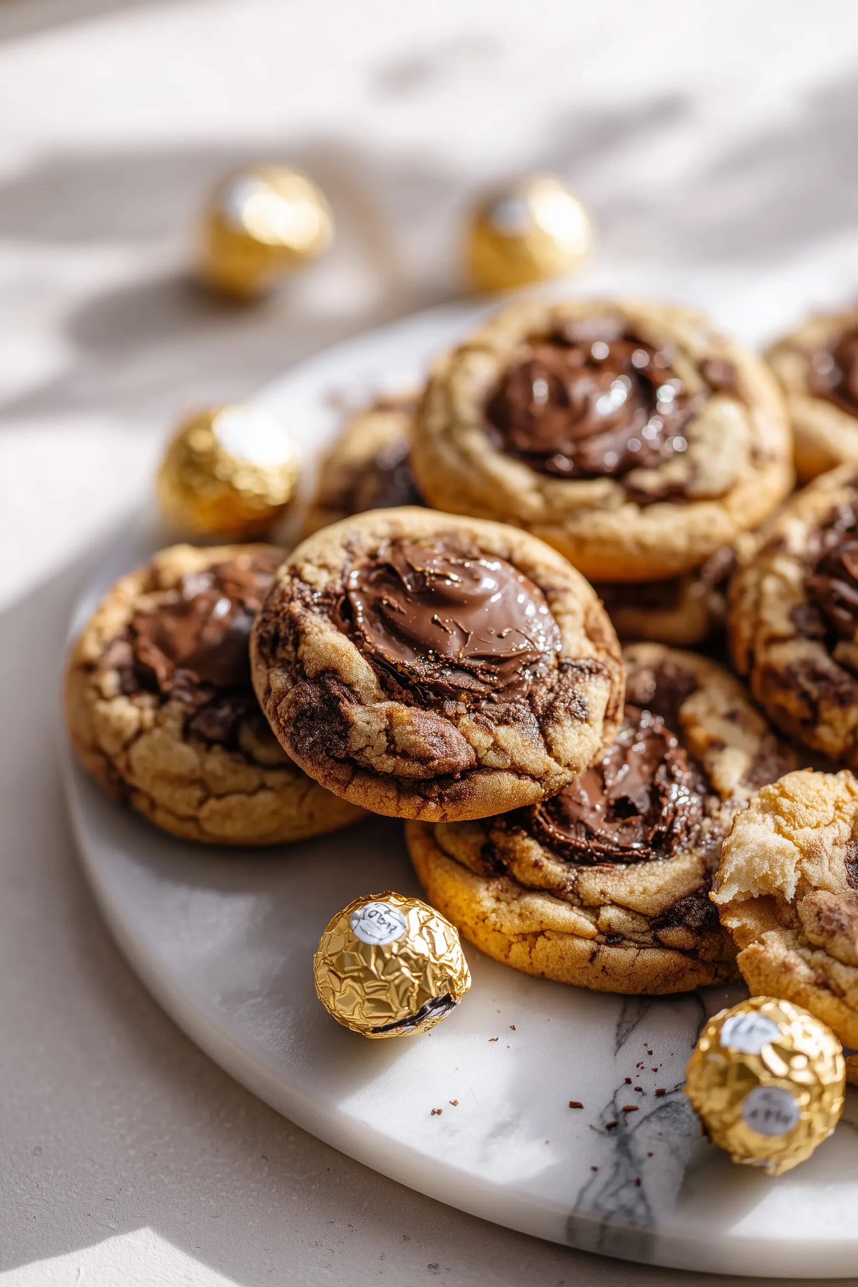 A batch of Ferrero Rocher Cookies with golden edges and glossy Nutella centers on a white marble countertop.