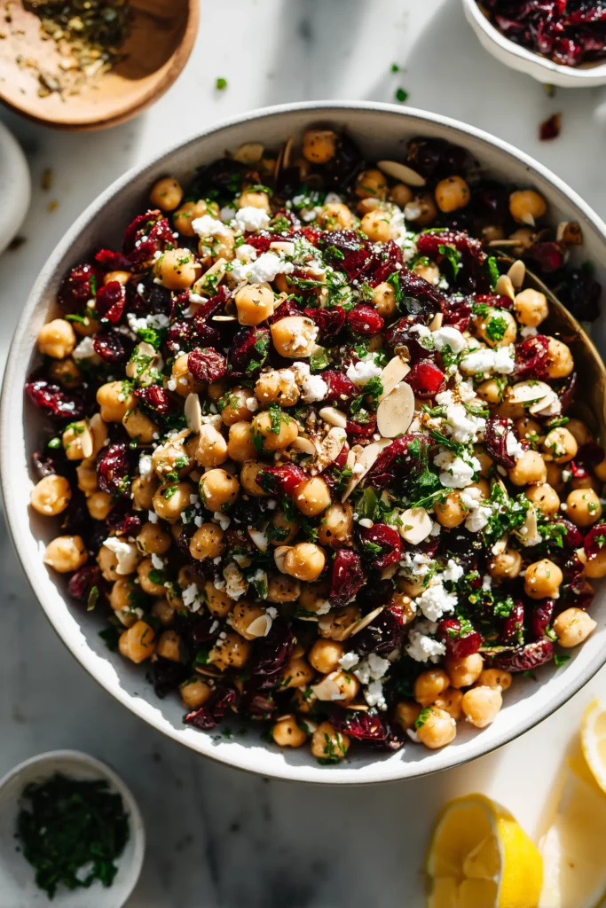 Festive Chickpea Salad with Cranberries, Feta and Lemon Vinaigrette in a white bowl with lemon vinaigrette and bright garnishes.