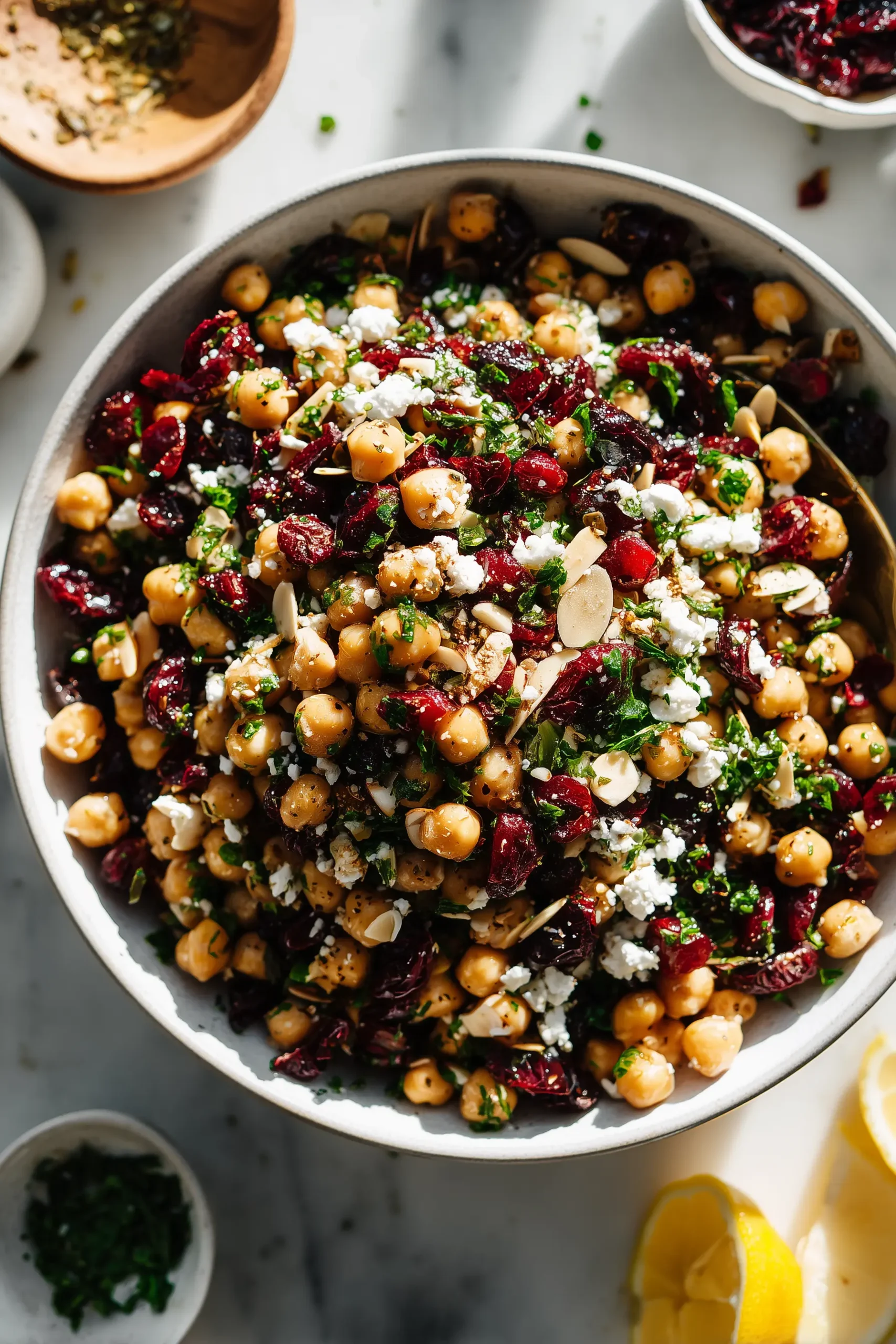 Festive Chickpea Salad with Cranberries, Feta and Lemon Vinaigrette in a white bowl with lemon vinaigrette and bright garnishes.