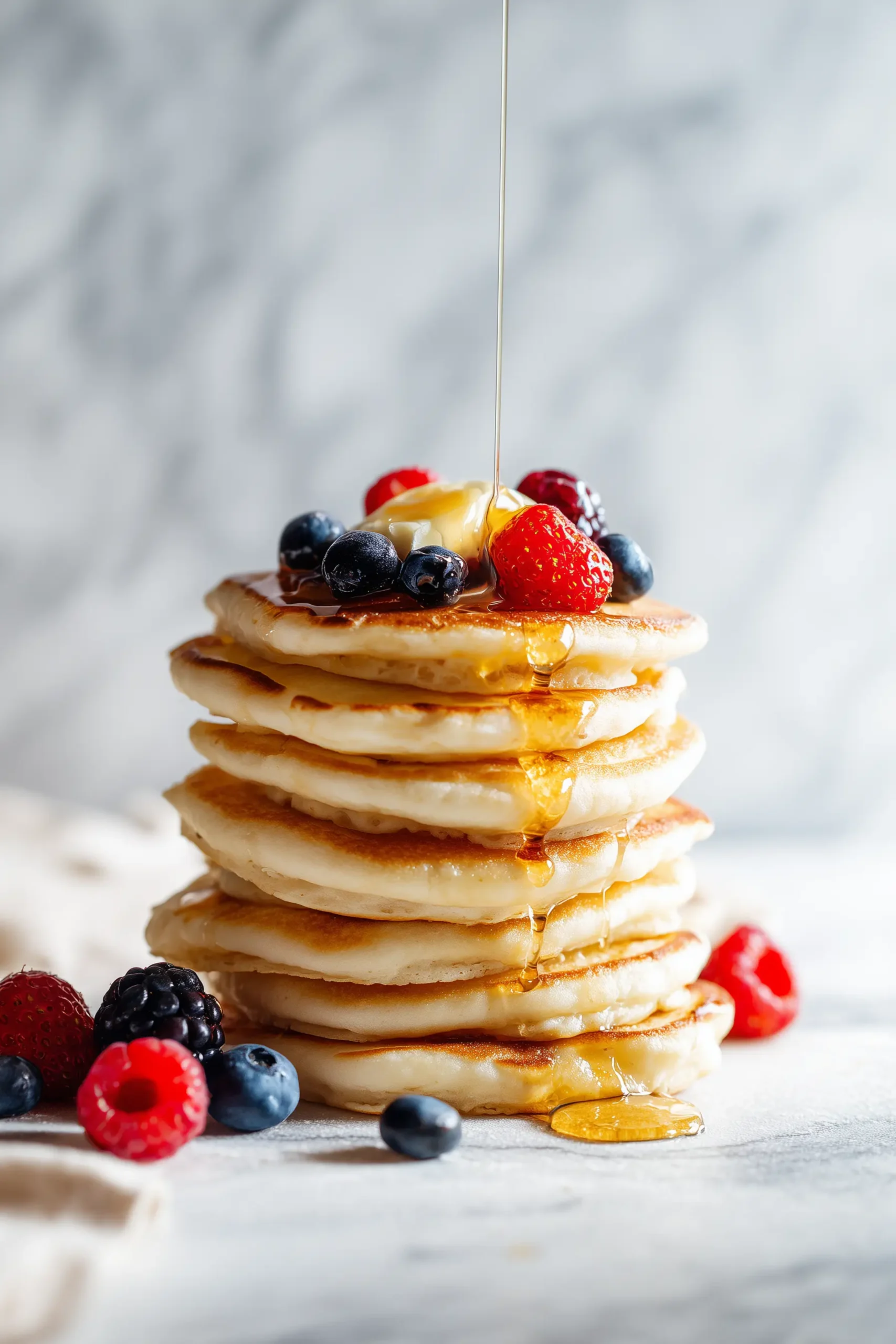 A bright plate of Cottage Cheese Protein Pancakes stacked high with berries, syrup, and melting butter.