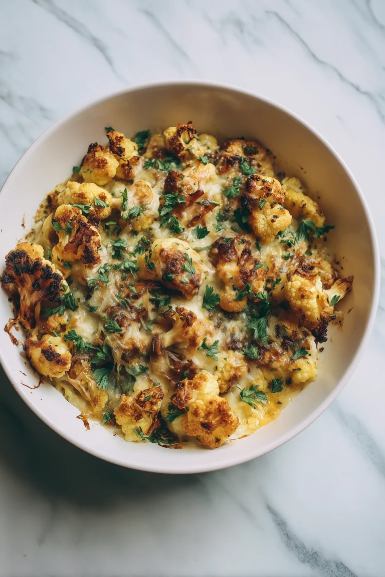 French Onion Cauliflower casserole with bubbling cheese and caramelized onions in a bright, airy setting.