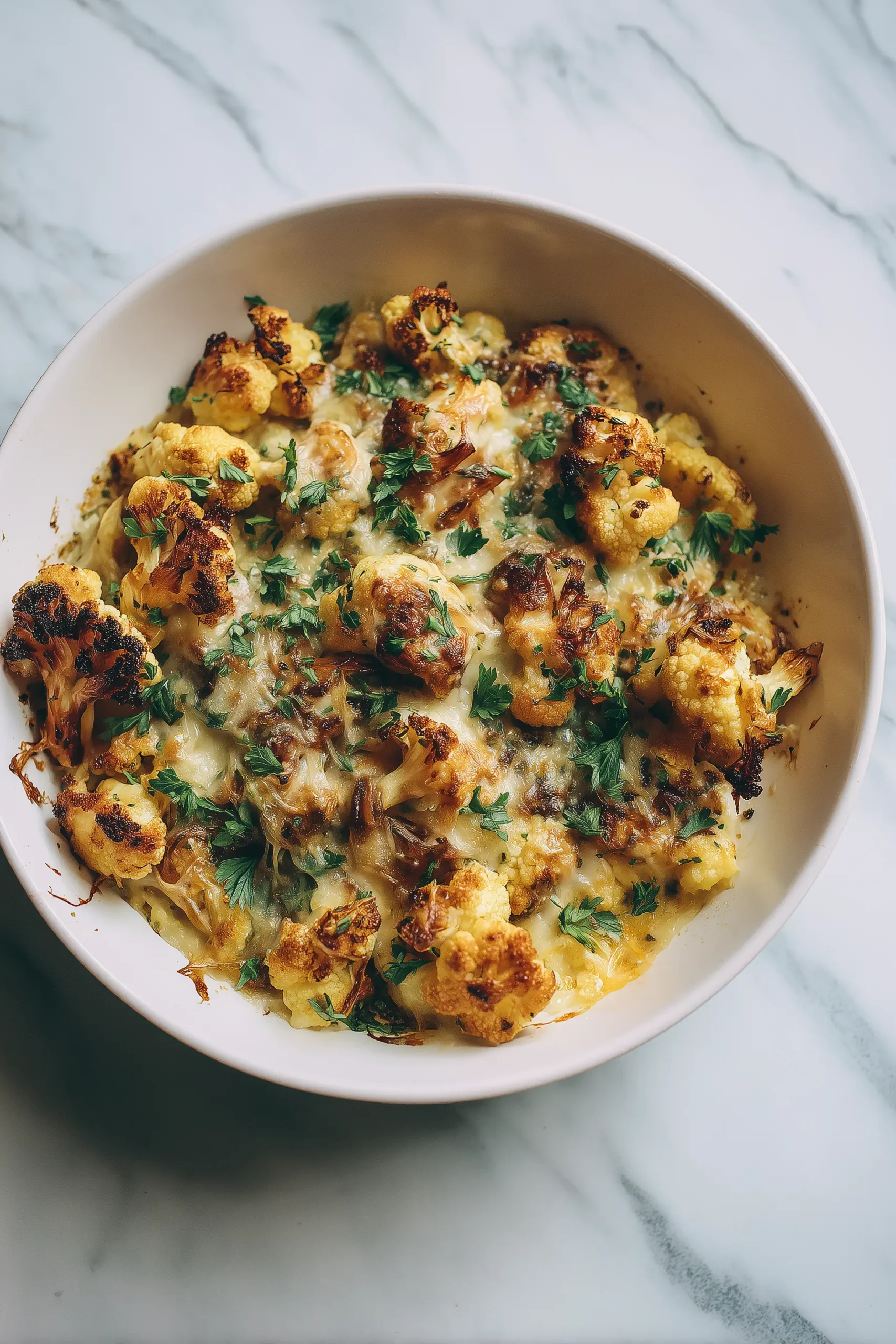 French Onion Cauliflower casserole with bubbling cheese and caramelized onions in a bright, airy setting.