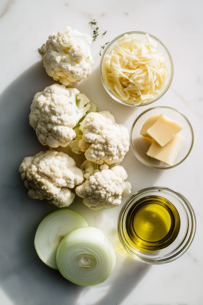 French Onion Cauliflower 2 Cauliflower, onions, Gruyère cheese, olive oil, and herbs for French Onion Cauliflower on a light background.