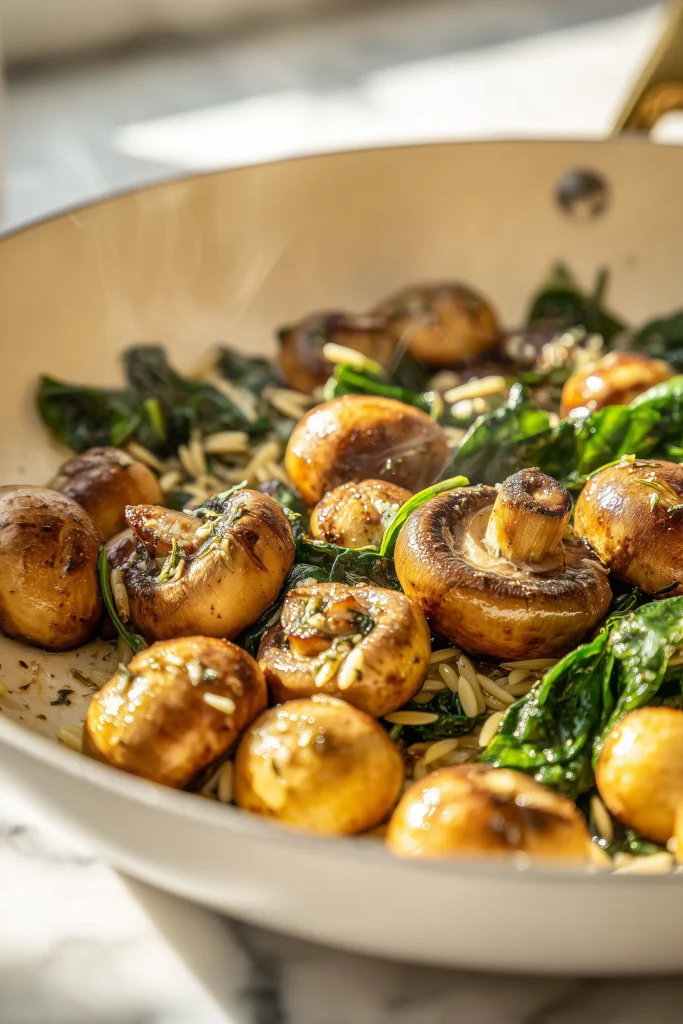 Garlic Butter Orzo with Mushrooms and Spinach 2 garlic butter orzo mushrooms closeup