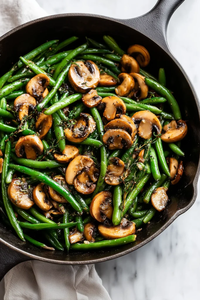 A bright, close-up image of Garlic Butter Sautéed Green Beans and Mushrooms glistening with garlic butter in a skillet.