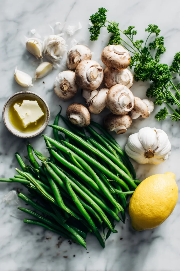Overhead photo of fresh green beans, mushrooms, butter, olive oil, garlic, lemon, and parsley for Garlic Butter Sautéed Green Beans and Mushrooms.