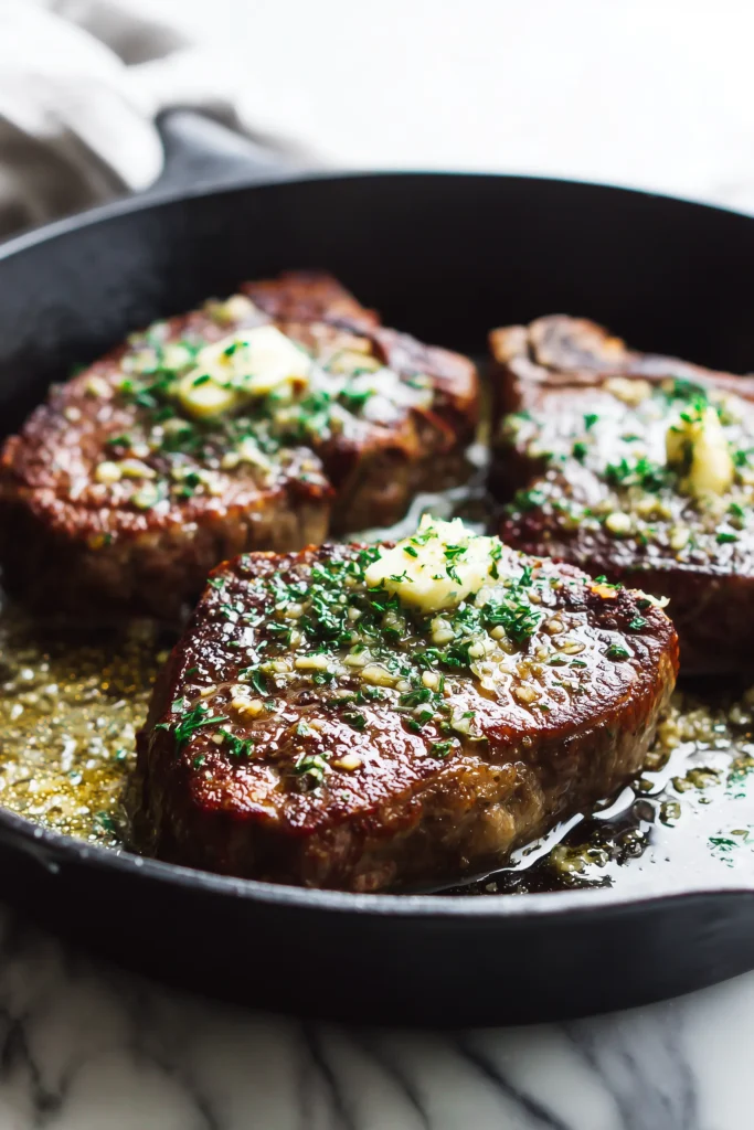 Thick steaks browning in a skillet with bubbling butter and garlic, showing the golden sear for Garlic Butter Steak with Parmesan Cream Sauce.