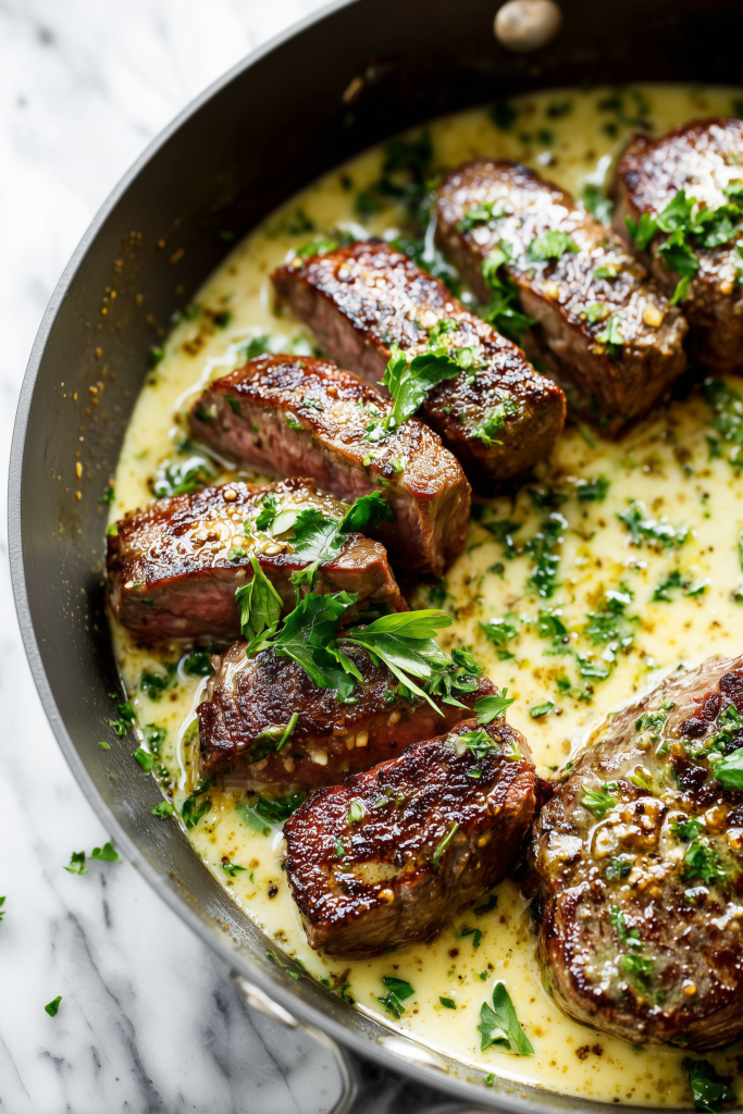 Overhead view of Garlic Butter Steak with Parmesan Cream Sauce in a skillet, with golden seared edges and creamy sauce on a bright marble background.