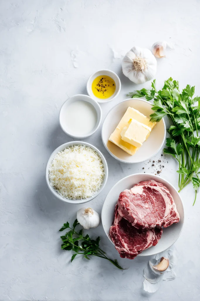 Flat lay of steak, Parmesan, cream, butter, garlic, parsley, oil, and pepper for Garlic Butter Steak with Parmesan Cream Sauce on a bright background.
