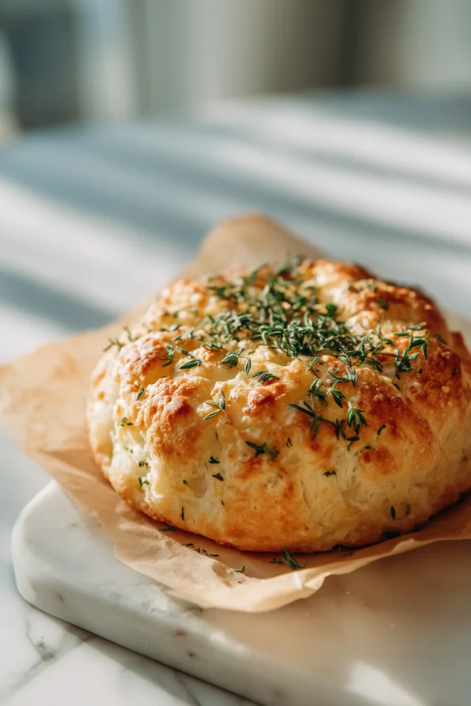 A golden round of Garlic Herb Cloud Bread on white marble with visible herbs and airy crumb.