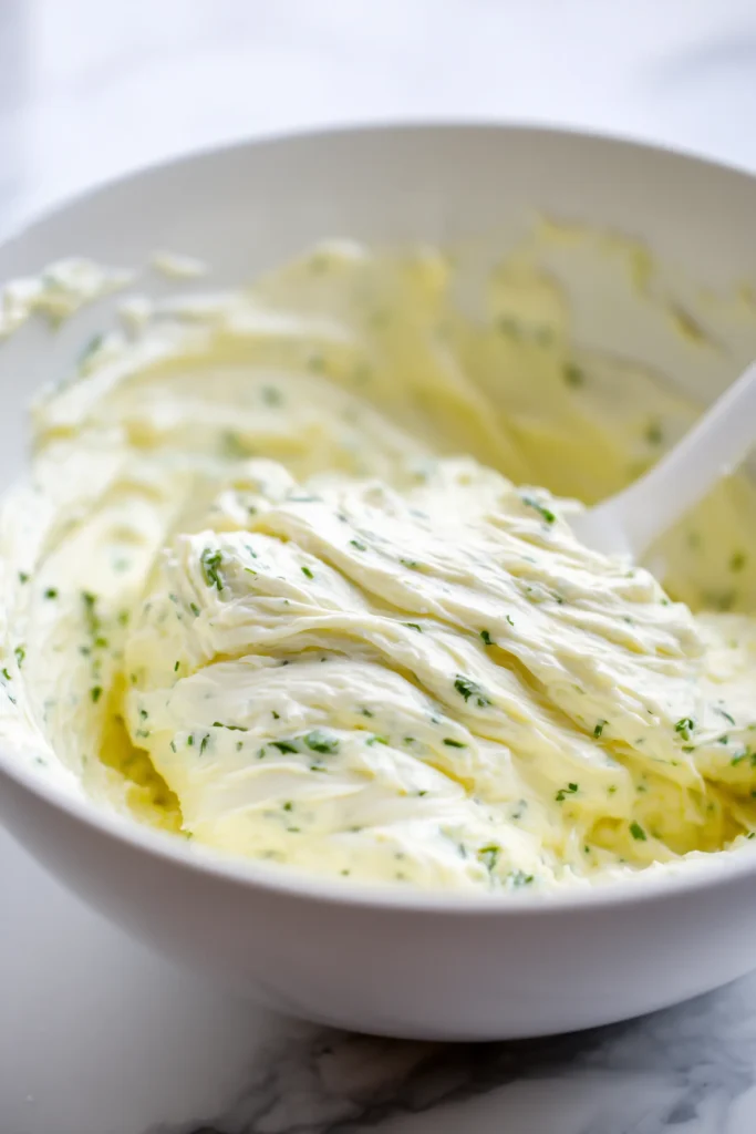 Garlic Herb Cloud Bread Recipe (Light & Fluffy) 2 Close-up of Garlic Herb Cloud Bread batter with herbs being gently folded in a white bowl.