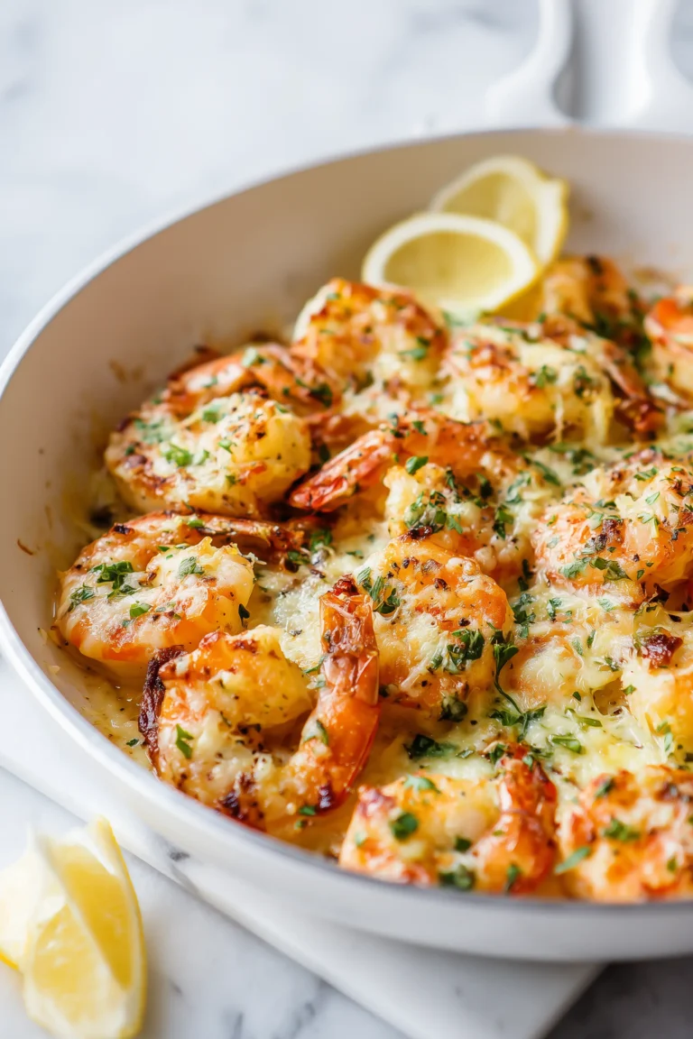 Garlic Parmesan Roasted Shrimp on a baking sheet with golden cheese and herbs, lemon wedges on the side.