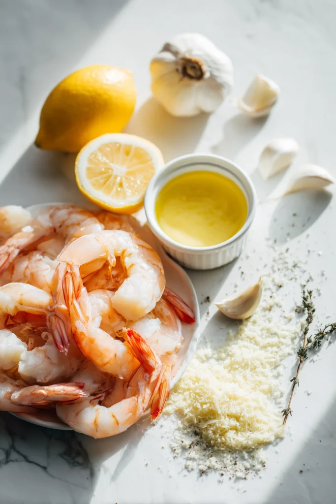 Raw shrimp, parmesan, garlic, butter, and lemon prepared for Garlic Parmesan Roasted Shrimp on a bright background.
