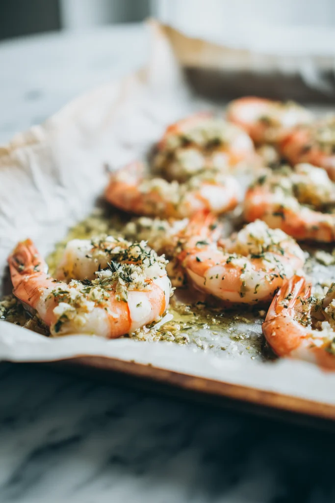 Shrimp on a lined tray, coated with garlic, butter, and parmesan for Garlic Parmesan Roasted Shrimp.