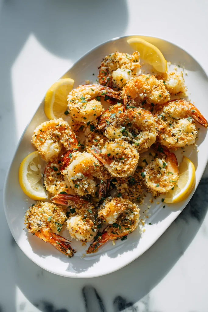 Platter of Garlic Parmesan Roasted Shrimp served hot with golden cheese, lemon, and herbs.