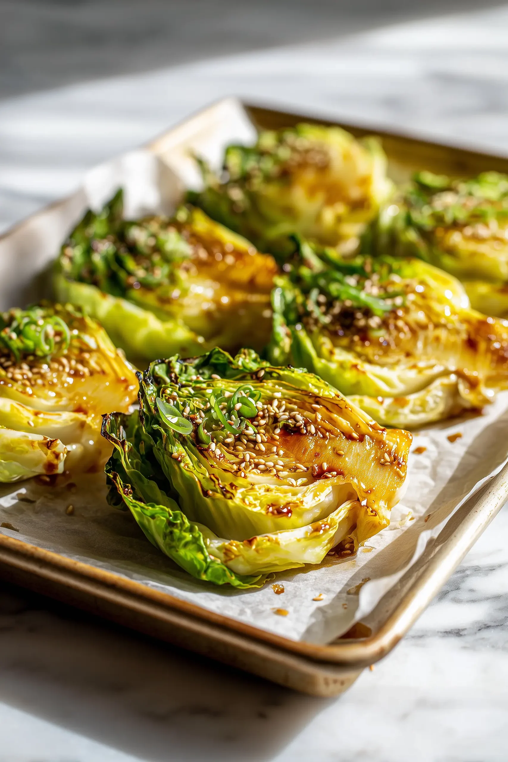 Golden crisp Garlic Soy Roasted Cabbage Wedges glistening with soy and garlic, arranged on a parchment-lined baking tray.