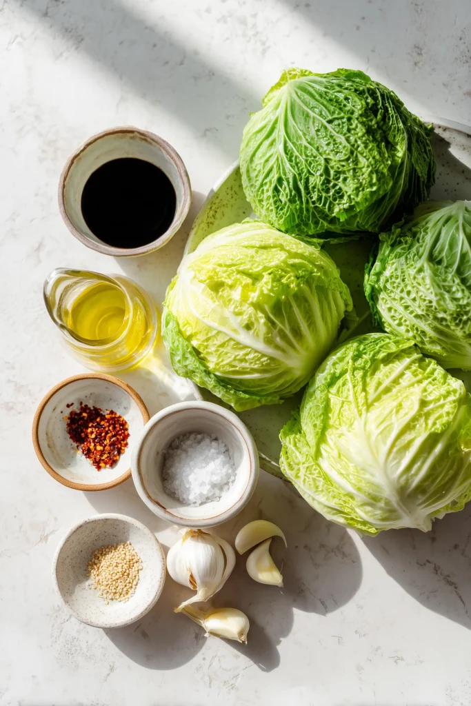 Fresh ingredients including cabbage, garlic, soy sauce, and seasonings for Garlic Soy Roasted Cabbage Wedges on a light background.