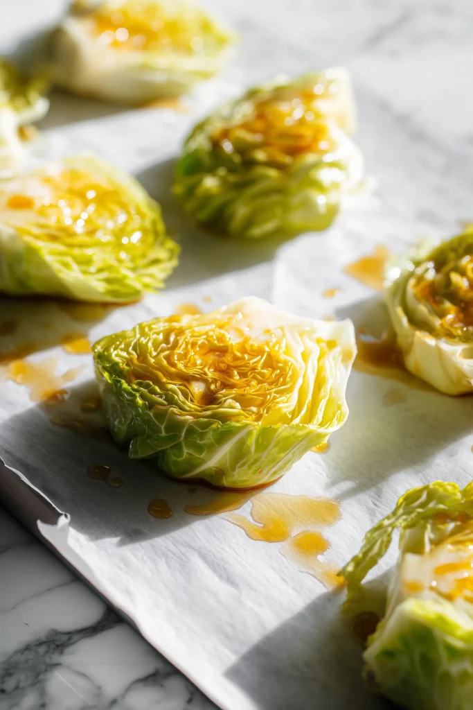 Cabbage wedges being brushed with a glossy garlic soy marinade on a baking sheet, ready for roasting.