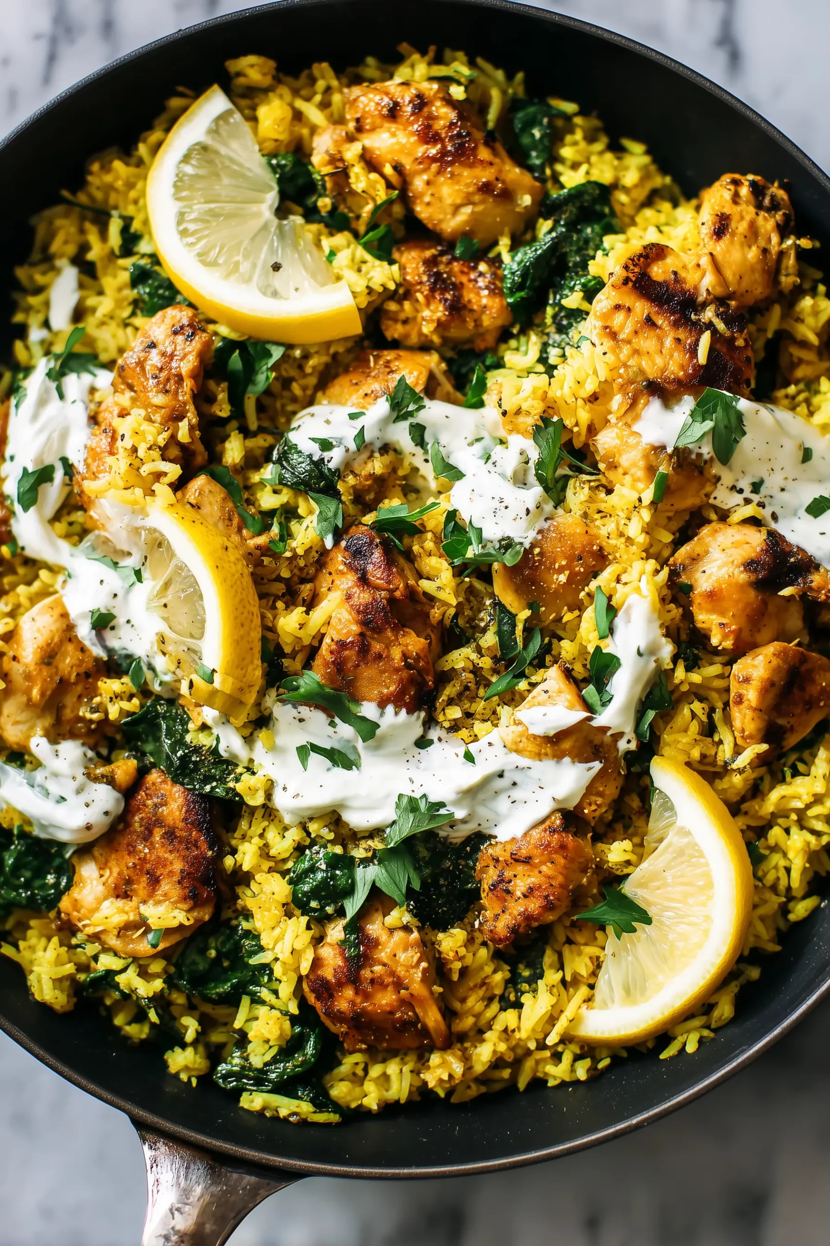 Golden Turmeric Chicken and Rice in a skillet with golden chicken, turmeric rice, fresh spinach, and creamy yogurt.