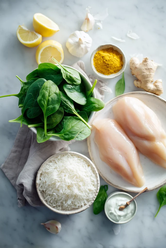 Key fresh ingredients for Golden Turmeric Chicken and Rice arranged on a light background.