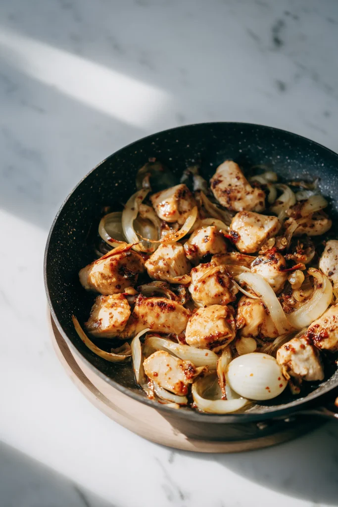 Chicken and aromatics browning in a skillet with turmeric for Golden Turmeric Chicken and Rice.