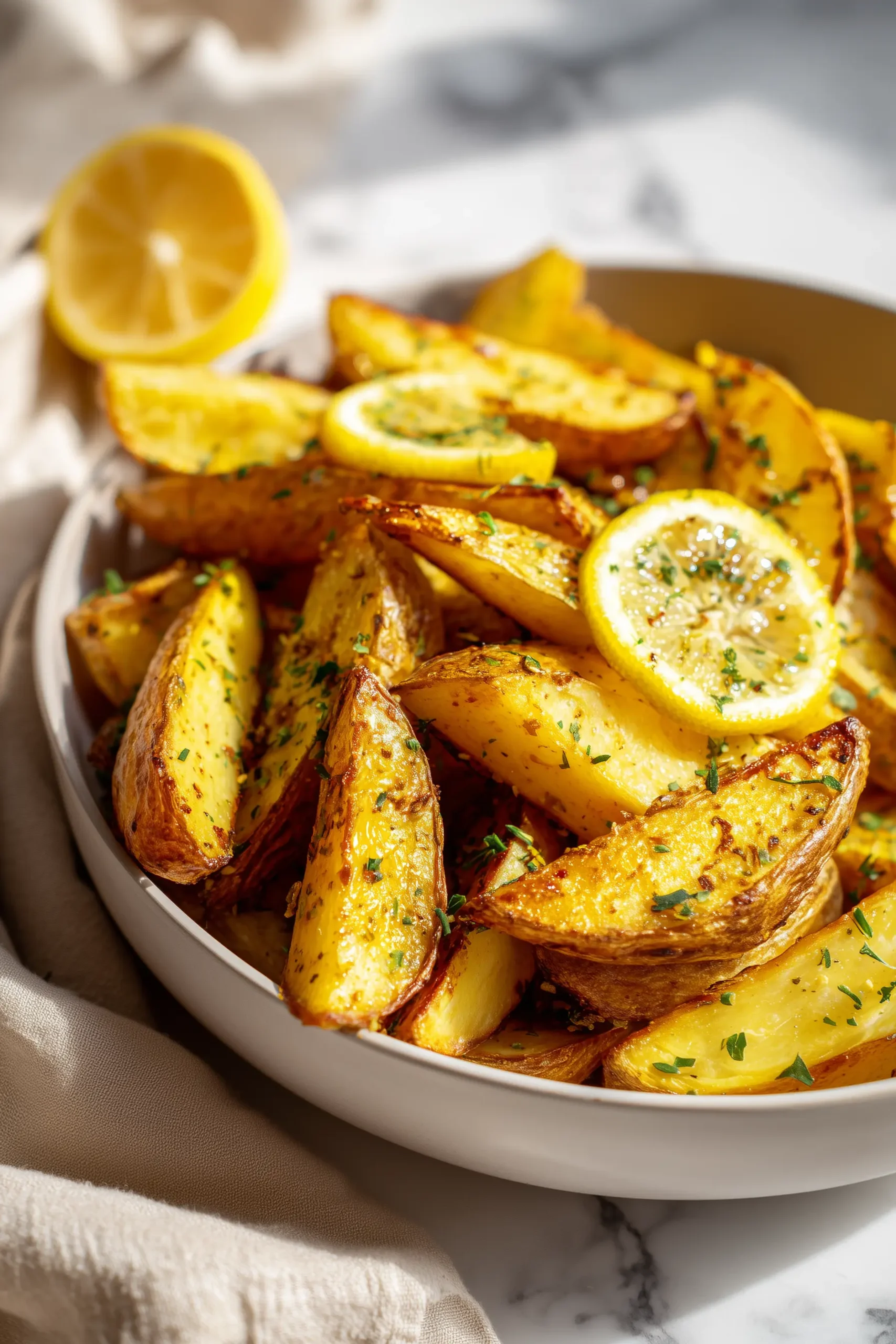 A tray of Greek Lemon Potatoes with crispy golden edges and fresh herbs on a bright marble background.