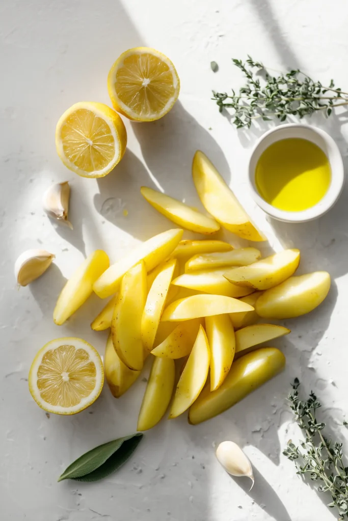 Greek Lemon Potatoes 2 Potato wedges, lemon, garlic, olive oil, and oregano for Greek Lemon Potatoes on a marble background.